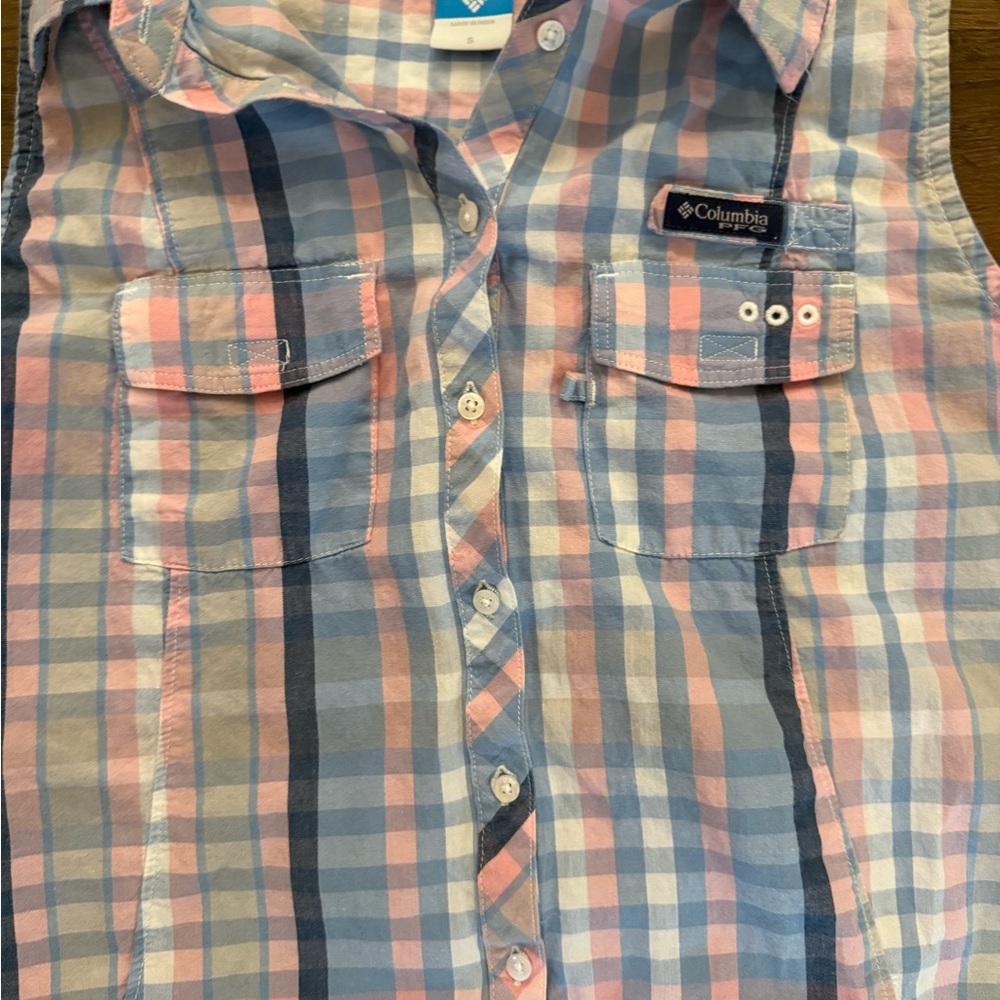 Columbia Women’s Plaid Sleeveless Cotton  Henley Dress Pockets Blue Pink Sz S - Picture 4 of 8